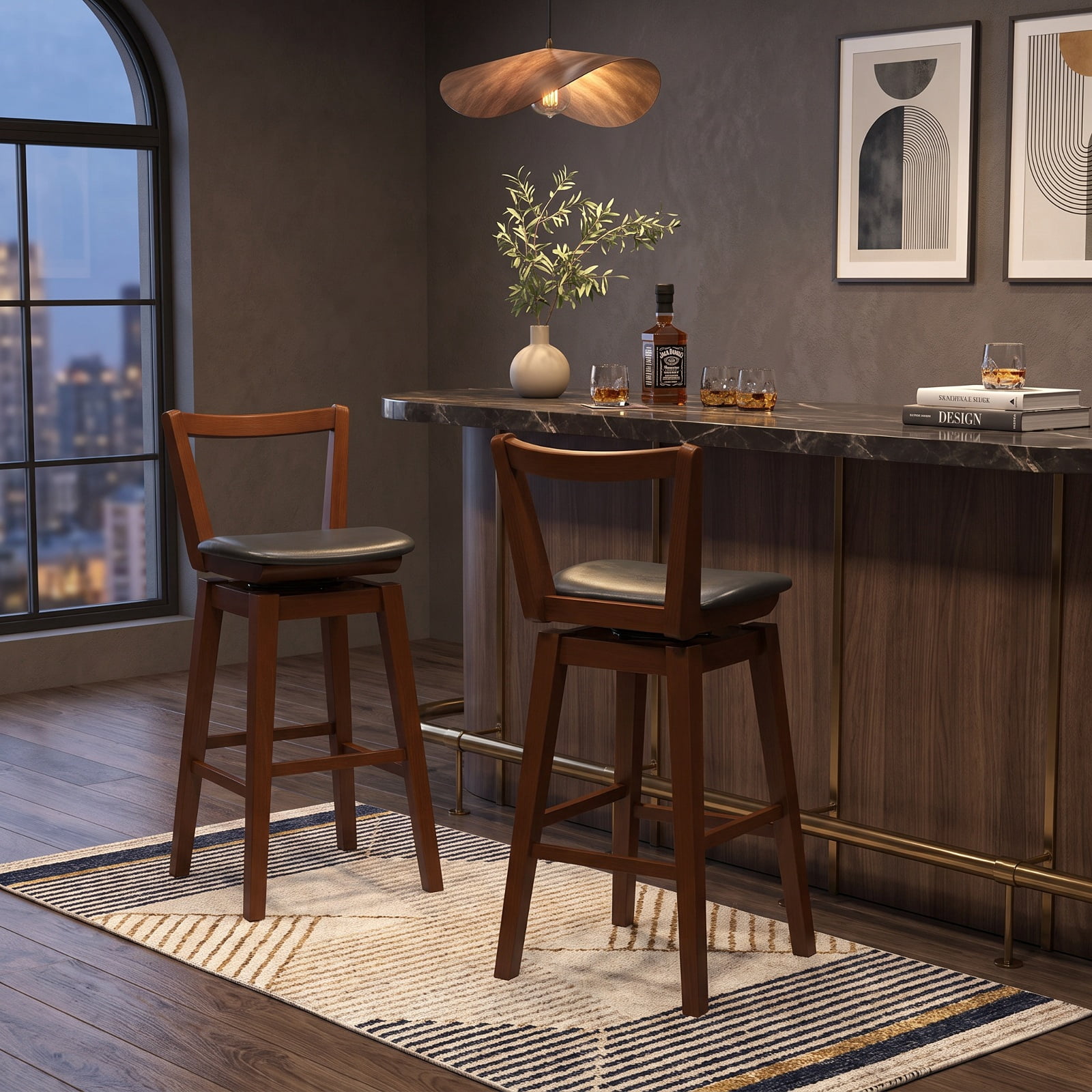 Furnibear Swivel Upholstered PU Leather Stool with Backrest and Cushioned Seat-30.5 inches for Kitchen Island Counter Bar Pub Dining Home, Walnut and