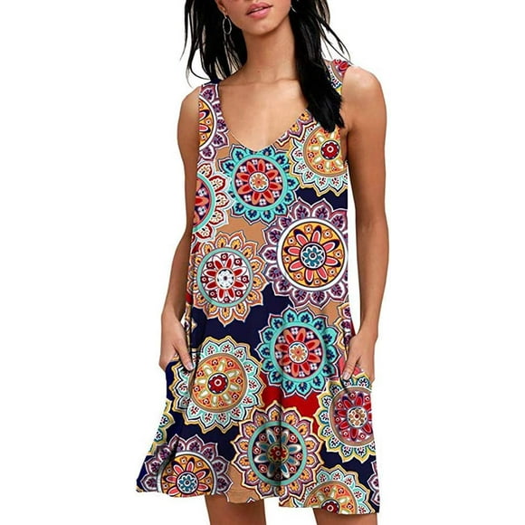 Robes d'Été pour Femmes Plage Décontractée T-Shirt Grande Taille Floral Manches Courtes Ample Fluide Style1-Bleu Marine Grand