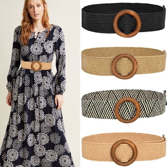 Helii Unisex Wide Waist Belt with Smooth Wooden Round Buckle Knitted Polyester Belt