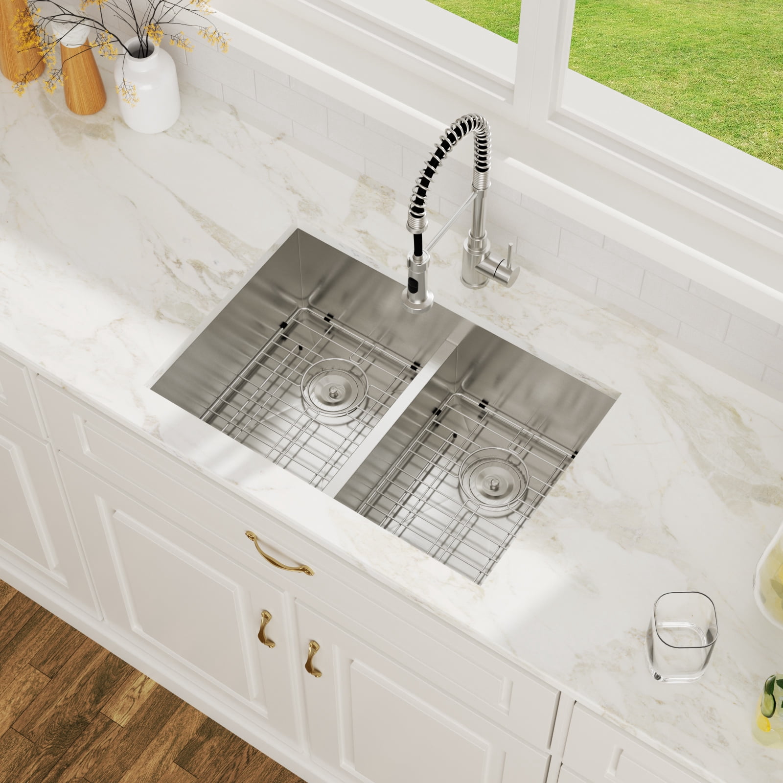 28 in. Undermount 50/50 Double Bowl 16 Gauge T304 Stainless Steel Low Divided Kitchen Sink with 2Pcs Bottom Grids/Drains
