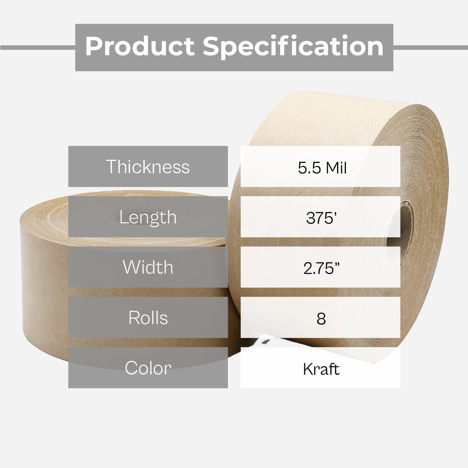 SSBM Wolverine 3.0 Kraft Paper Economy Grade Packing Tape, 8 Pack, 2.75" x 125 Yards, Water Activated Gummed Tape with Fiberglass Reinforced Strands