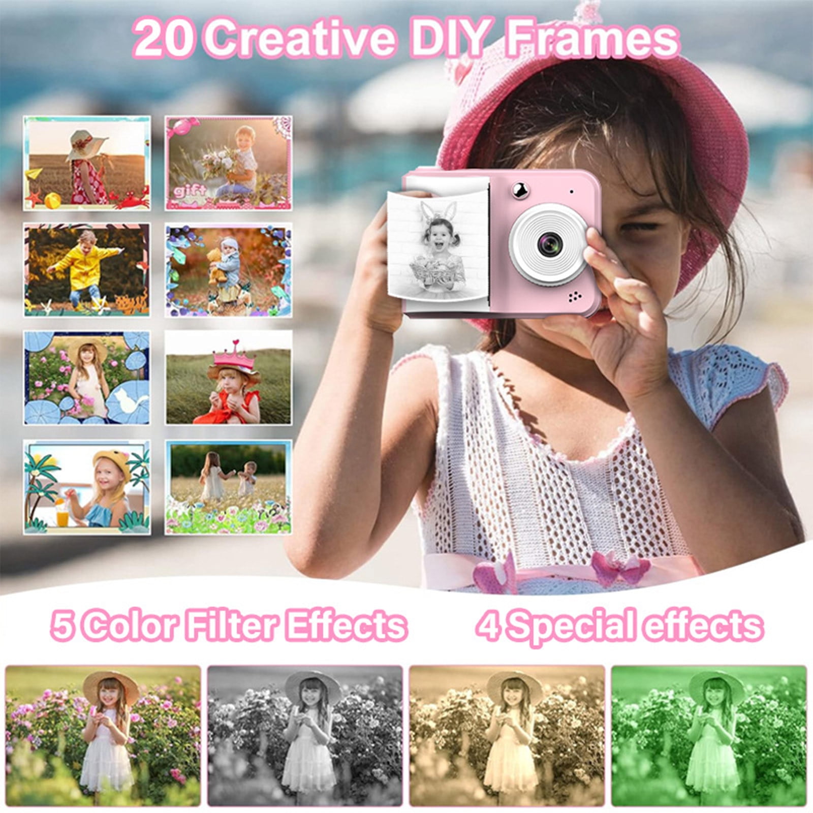 Ikohbadg Kids Instant Print Camera with HD Video and Coloring, Children's Photo Printer Camera for Holiday Toys, Portable Kids Picture Printer with One Click Printing