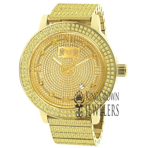 Yellow Canary Roman Face Mens Real Diamond Dial Gold Tone Jojo Jojino Joe Rodeo Full Stainless Steel 54mm Watch W/Date