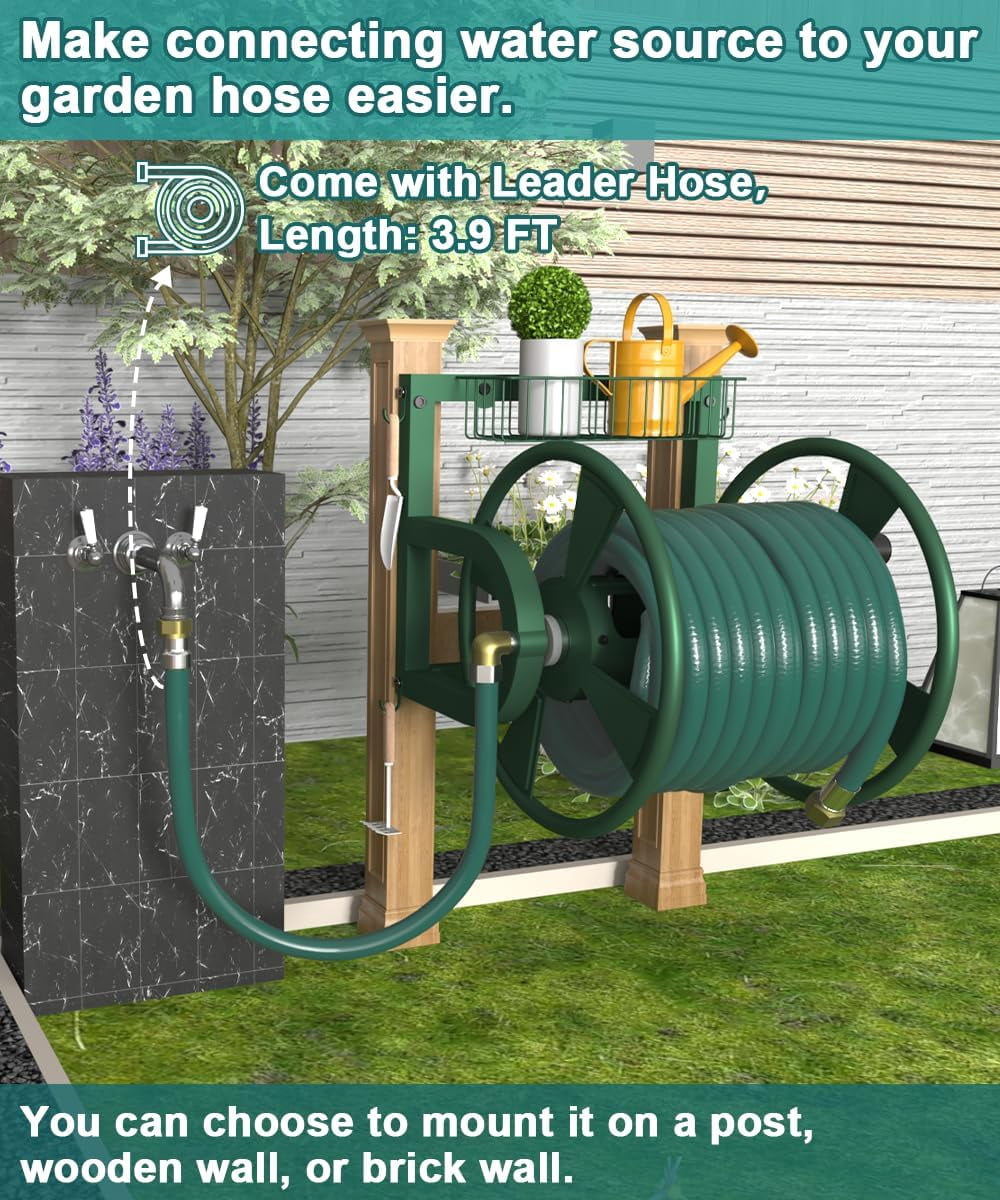 Outdoor Wall Mounted Hose Reel with Hook, Garden Heavy-Duty Water Holder Winder with 3.9 ft Leader Hose, Brass Fitting and Storage Basket for Yard, Holds 125 Ft of 5/8-Inch Hoses, Green