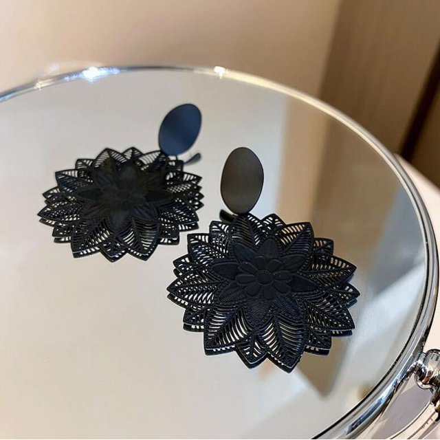 Pendientes de plata 925 con forma de flor negra Mori exagerada coreana, pendientes elegantes y súper femeninos para mujer