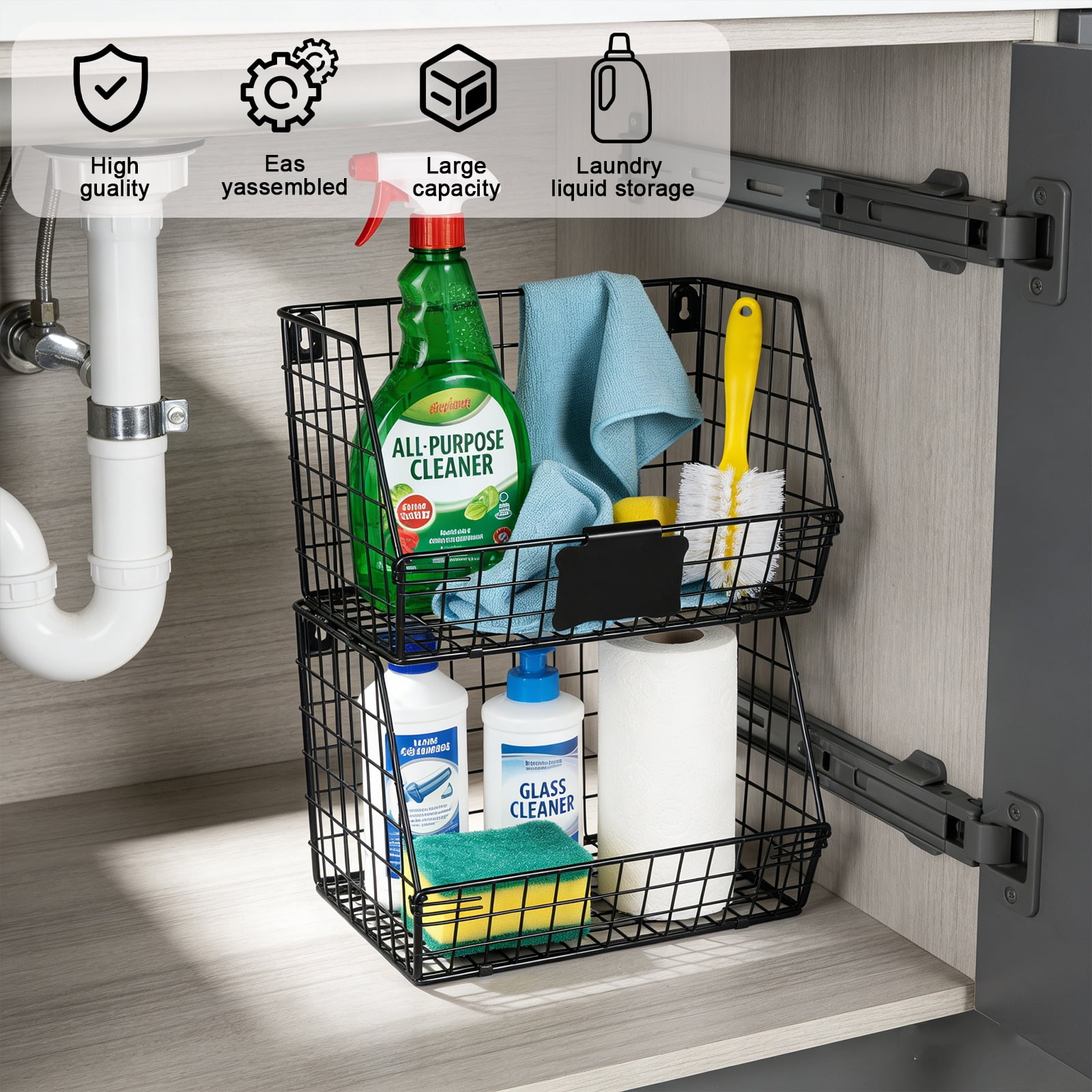 Pethiy 2-Piece Metal Wire  Onions & Potatoes Storage Baskets, Multi-Use Stackable Wall-Mount Produce Storage Set with Custom Labels