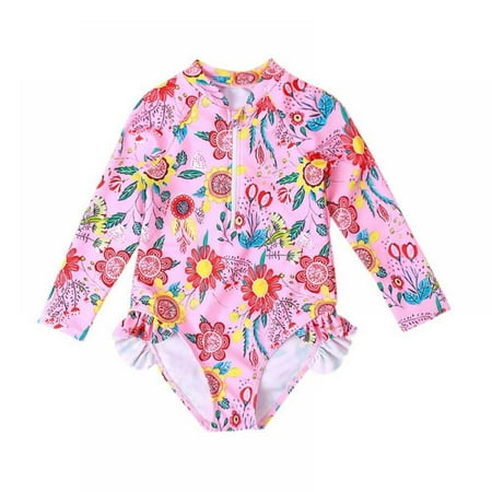 

SILVERCELL Toddler Baby Girls Swimsuit Long Sleeve Rash Guard Swimwear Ruffle Bathing Suit One Piece Beachwear Size 2-7 Years