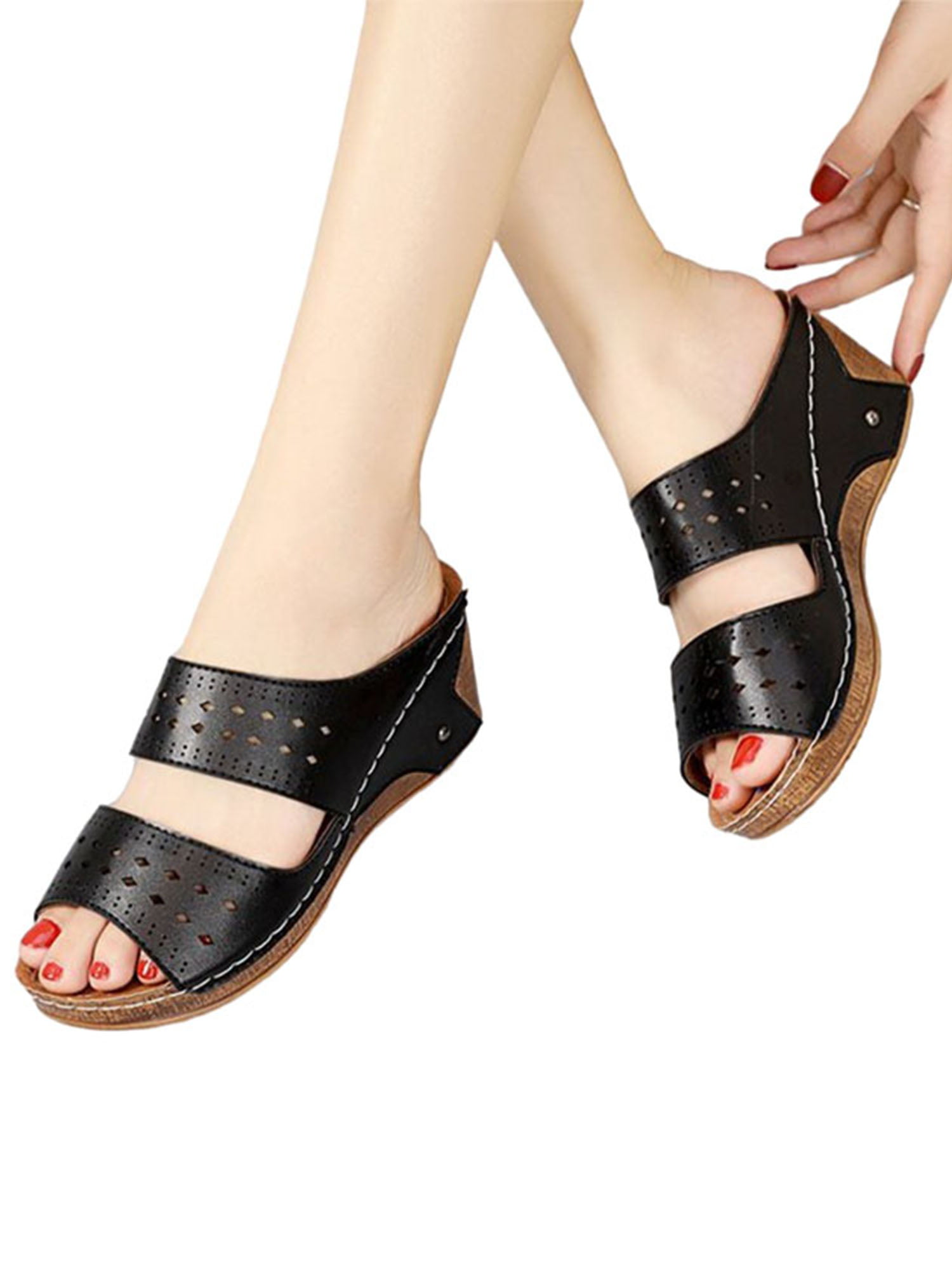 Ladies Cushion Walk Leather Lined Peep Toe Slip On Low Wedge Summer Sandal Mules 