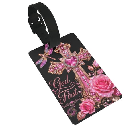 Pink Diamond Cross Dragonfly God First Luggage Tag, Waterproof Travel Bag Identifier