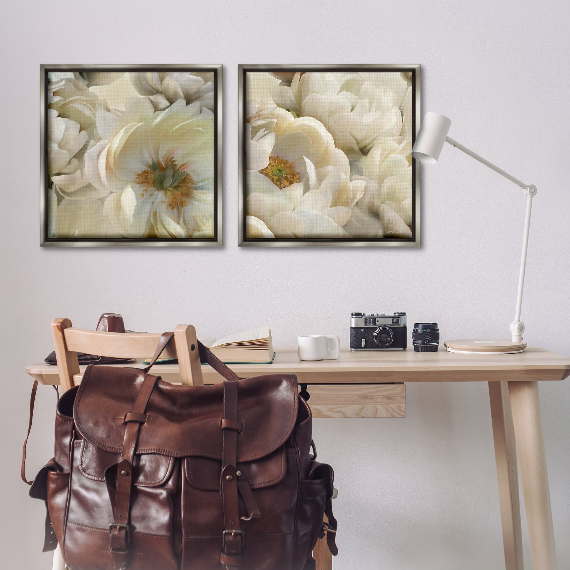 Stupell Industries White Peonies Serenity Floral & Botanical Painting Gray Floater Framed Canvas Art Print Wall Art, 25 x 25, Set of 2