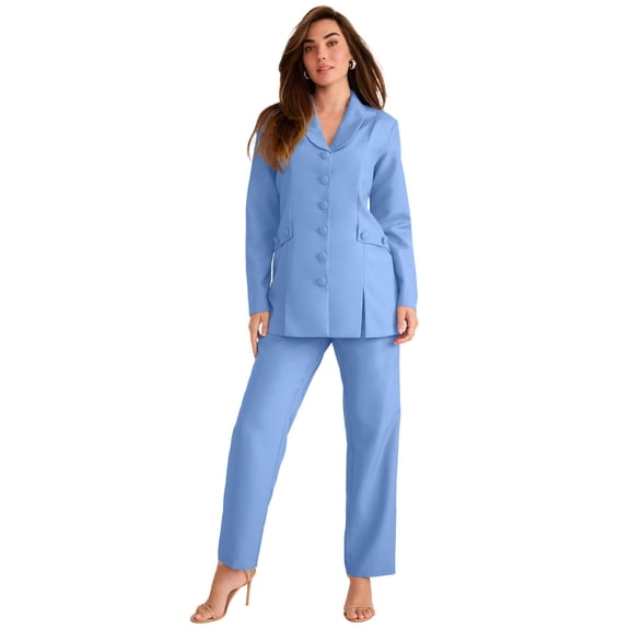 Roaman's Women's Plus Size Long Sleeve Ten-Button Shawl-Collar Pant Suit – 2-Piece Pant Set