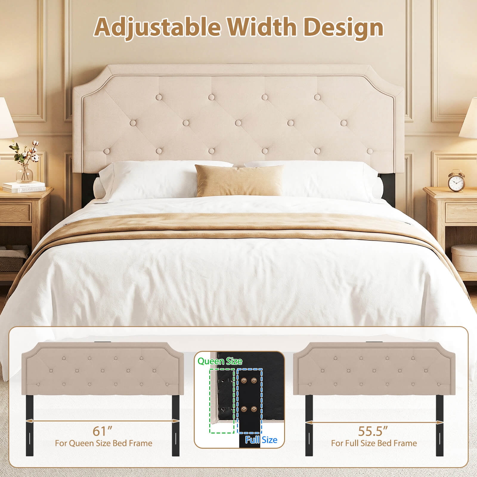 Costway Headboard for Queen & Full Size Bed,Tufted Upholstered Head Board with 2 AC Outlets Beige