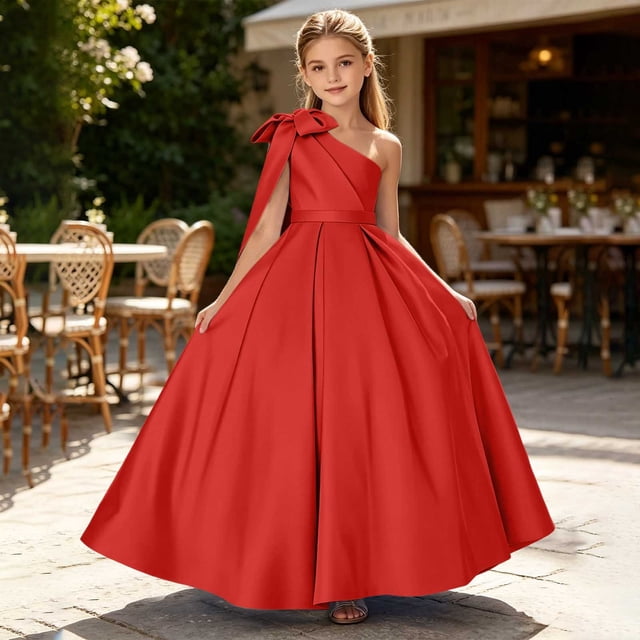 Vestido de fiesta de satén con lazo de un solo hombro para niñas pequeñas, lindo vestido de baile formal de satén con efecto cruzado y cinturón, fucsia, talla 1, de 2 a 12 años.