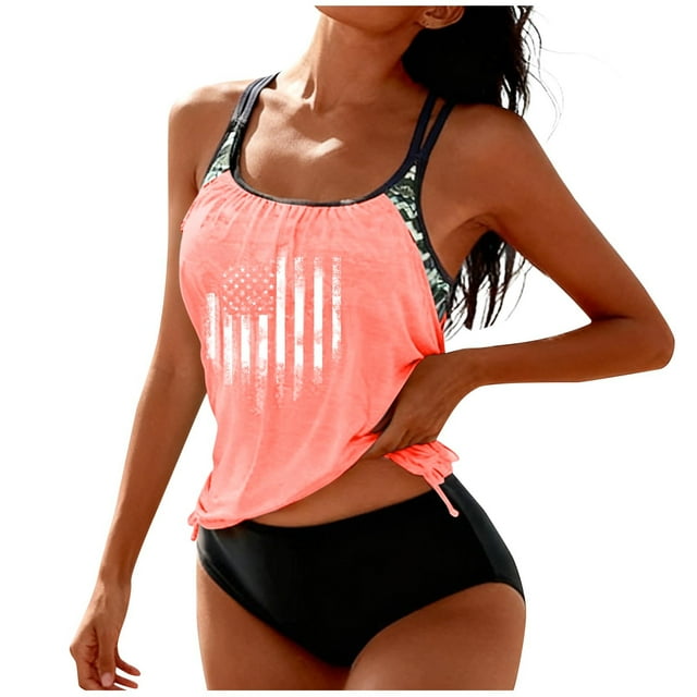 Moxiu Womens Flowy Two Piece Tankini - T-Back American Flag Ruched Modest Shorts Vacation Bathing Suit Pink,XXL