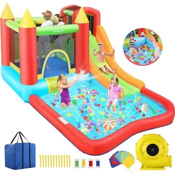 Qhomic Bounce House with Blower Indoor/Outdoor Bouncy House Slides, Climbing Wall, Ball Pit, Jumping Area, Shoot All in One Inflatable Bounce Castle for Kids 3-12