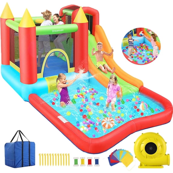 Veeboto Inflatable Bounce House for Kids 3-10, Bouncy Castle with Slide, Bouncy Area, Climbing Wall, Basketball Hoop, Pool, Suitable for Indoor and Outdoor, Jumping Castle with Blower