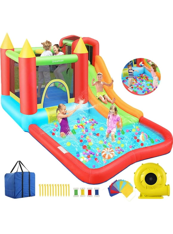 Qhomic Bounce House with Blower Indoor/Outdoor Bouncy House Slides, Climbing Wall, Ball Pit, Jumping Area, Shoot All in One Inflatable Bounce Castle for Kids 3-12