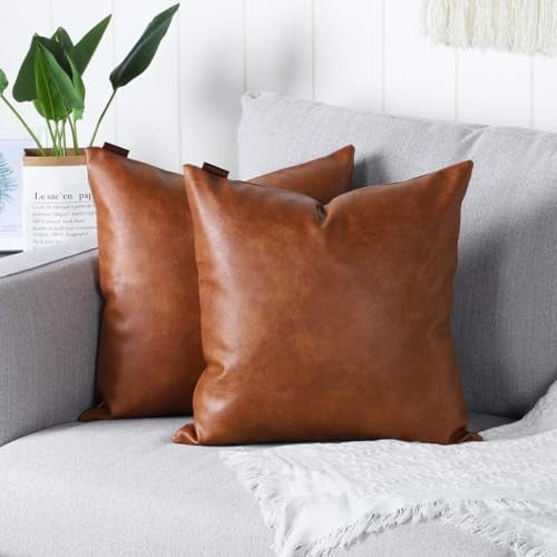 Set of 2 Faux Leather Decorative Throw Pillow Covers Modern Solid Outdoor Cushion Cases Luxury Pillowcases for Couch Sofa Bed 14x14 Inches Brown