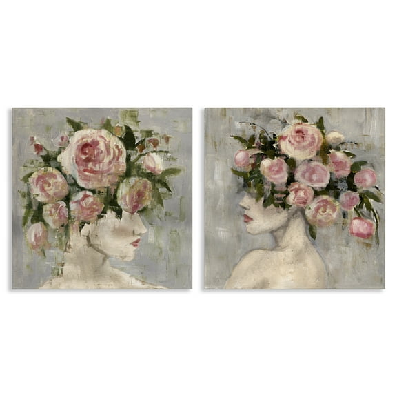 Stupell Industries Surreal Women with Roses People Painting Wrapped Canvas Art Print Wall Art, 17 x 17, Set of 2