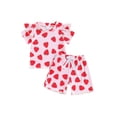 thumbnail image 2 of Aojekbee Little Girls Summer 2PCS Sets Flying Sleeve O Neck Strawberry Print T-shirt Shorts Sets, 2 of 10
