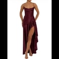 thumbnail image 1 of Vestido de Cóctel para Mujer, Ajustado, Informal, , con Escote en V, Sin Mangas, de Satén, con Volantes en el Bajo y Espalda Descubierta. Vino Tinto M, 1 of 10