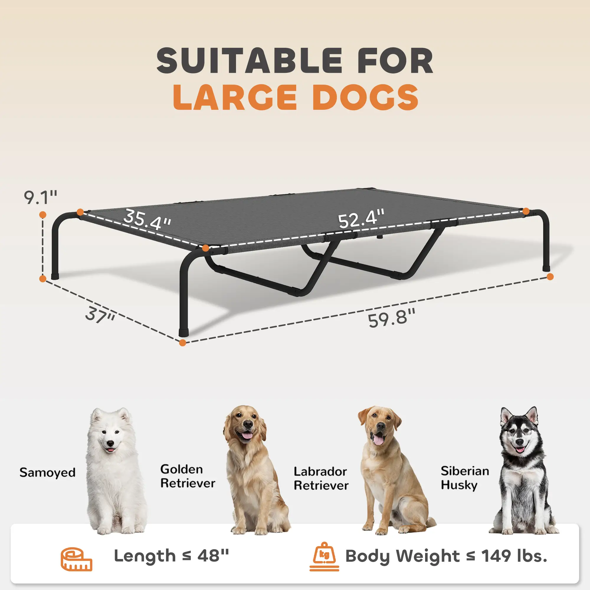Dog Cot Cooling Pet Bed for Large Dogs Up to 149 Lbs 9.1" Elevated Breathable Mesh Bed Indoor Outdoor Use Black/Gray