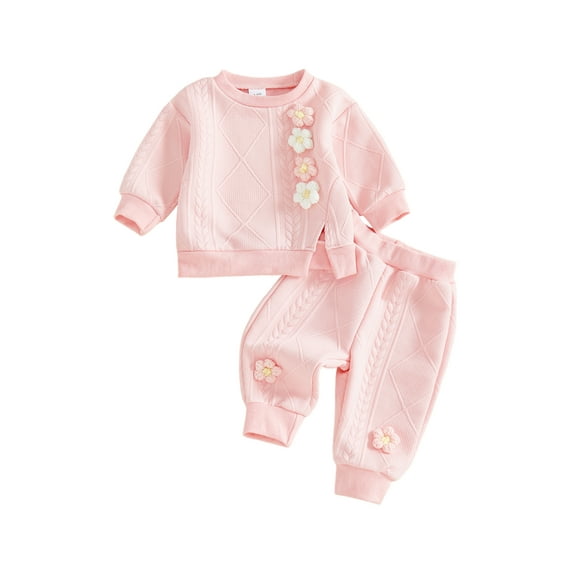 Baby Girl 2Pcs Fall Outfits Long Sleeve 3D Flower Split Tops Pants Set Toddler Clothes