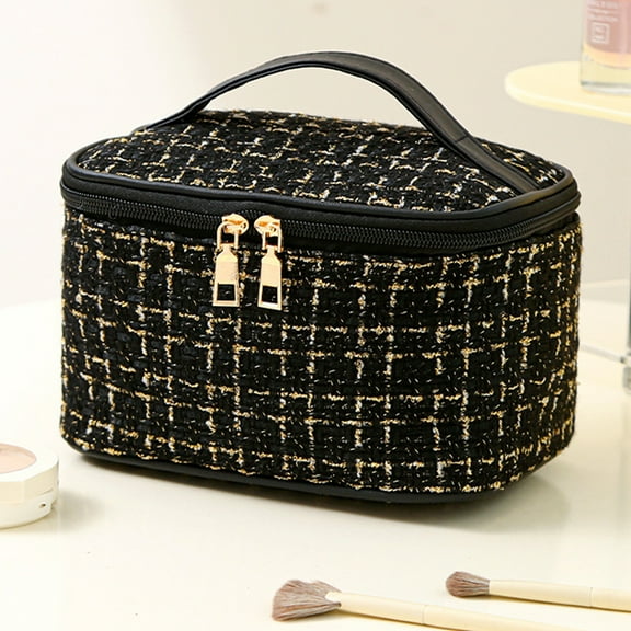 Bxaolu Travel Makeup Bag for Women, Large Cosmetic Case Organizer with Makeup Brush Compartment, Portable Train Case Make Up Bag for Travel-Size Toiletries, Cosmetics- Black