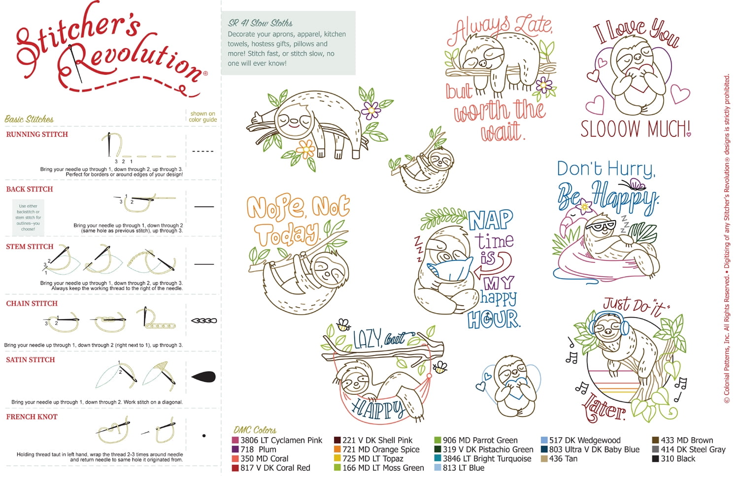 (3 pack) Sloths Iron-on Transfer Pattern for Embroidery and Painting by Stitcher's Revolution Brand