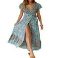 thumbnail image 1 of Femmes V-Cou Floral Split Robe Boho Été Plage Décontracté Longue Robe de Soleil, 1 of 5