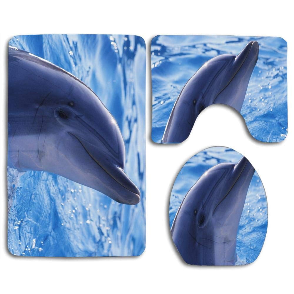 CHAPLLE Cute Smlie Dolphins 3 Piece Bathroom Rugs Set Bath Rug Contour Mat and Toilet Lid Cover