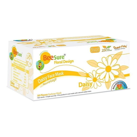 Cranberry 2330 BeeSure Earloop Face Masks ASTM Level 2 Daisy Floral Yellow 50/Bx