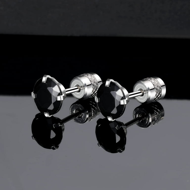 Titanium Screw Back Pack of Earrings Black Cubic Zirconia Double