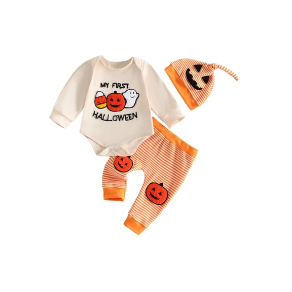 RUINIXCW Infant Baby Boy Halloween Outfits Pumpkin Ghost Embroidery Long Sleeve Crew Neck Romper Elastic Waist Pants and Hat