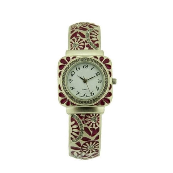 Accutime Adult Female Crystal Accent Watch Texture Bangle Silver and Pink (WM198WM)