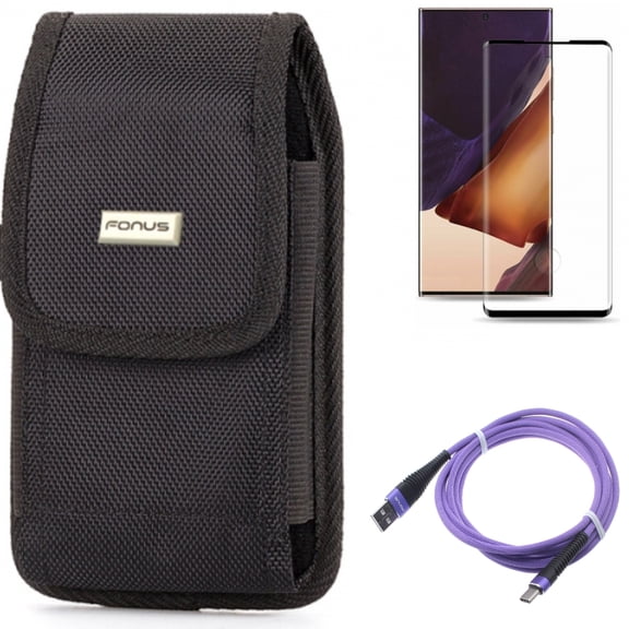 10ft USB Cable & Screen Protector & Case Belt Clip for Samsung Galaxy Note 20 Ultra (6.9") - Combo with Purple Type-C & Tempered Glass (Fingerprint Unlock) & Swivel Holster