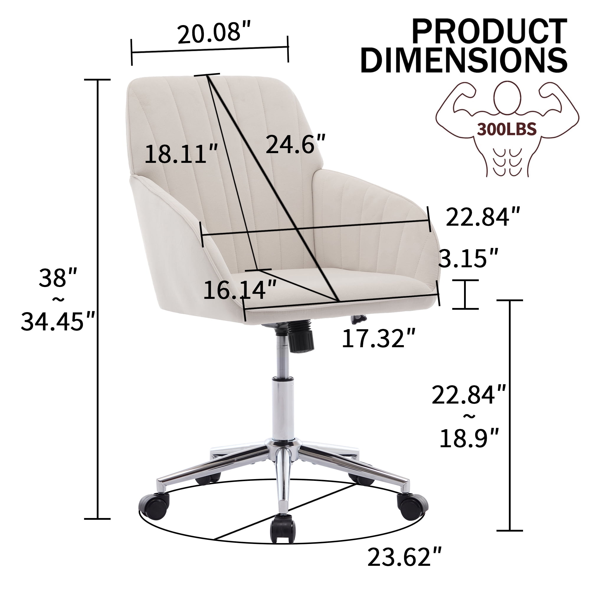 Homy Casa Upholstered Office Chair with Wheels, Adjustable Swivel Vanity Chair for Home Office