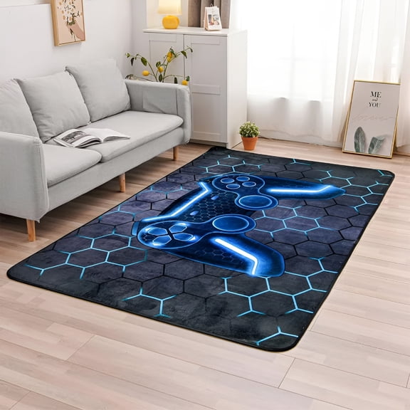 LAMIRO Game Console Area Rug for Bedroom Sofa Playroom Gaming Geometric Bedside Rugs Gamer Decorative Floor Mat Carpet (3x5 Feet,Blue)