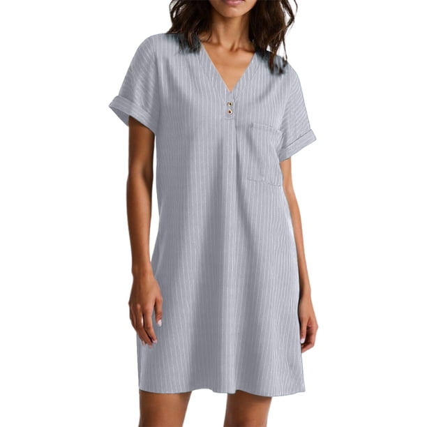 WILLBEST Vestido Playero De Lino De Color Liso De Verano Para Mujer, Manga Corta, Cuello En V, Botones, Ligero, Transpirable Y Elegante, Informal, Para Vacaciones, Viajes Y Uso Diario.