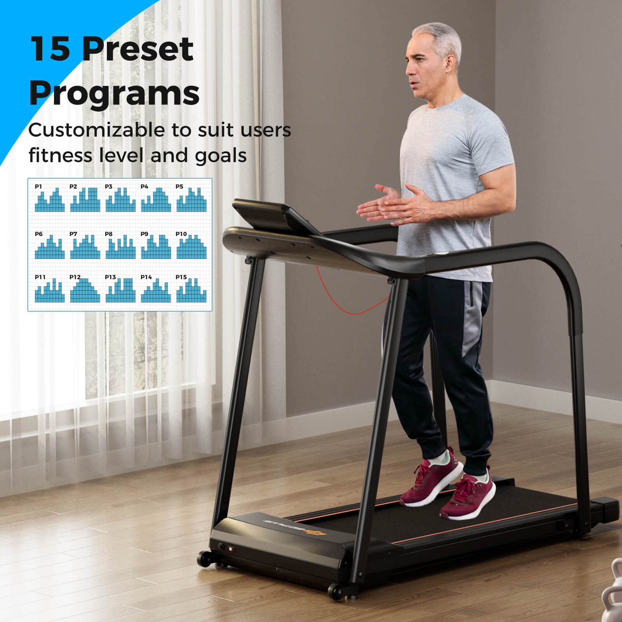 Costway 2.5 HP Walking Treadmill with  Long Handrails for Seniors Pulse Sensors LED Display