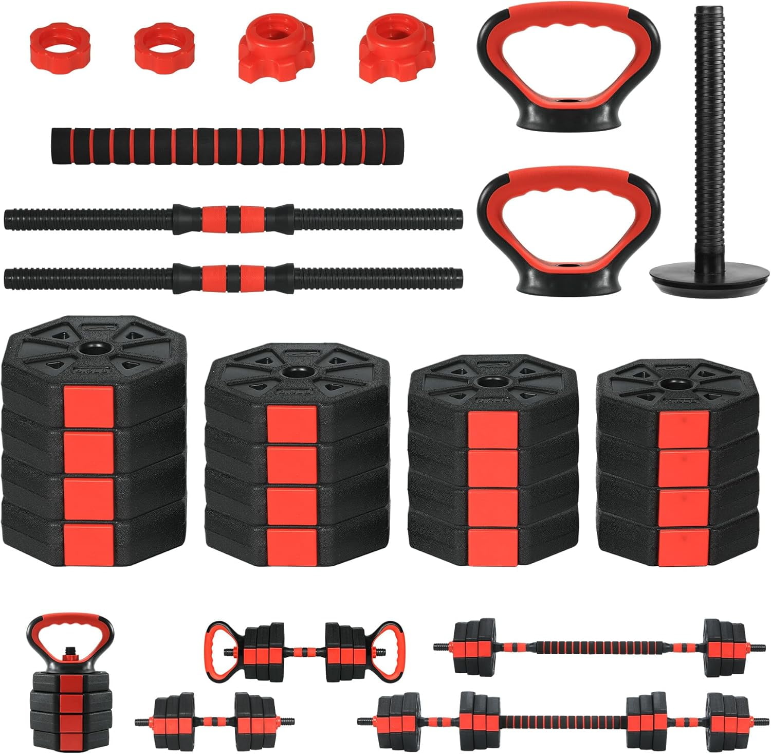 JoanKaren Octagonal Adjustable Dumbbell Set,88lbs 4-in-1 Free Weights Dumbbells Set Used as Barbell with Anti-Slip Handle,Black and Red