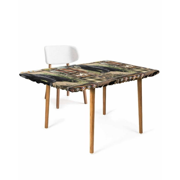 Vintage Black Bears Rectangle Tablecloth, Waterproof Elastic Fitted Table Covers for 3 Foot Tables, 24x36inch Decorative Tablecloths for Picnic, Camping, Outdoor, Abstract Country Plaid Fish Retro