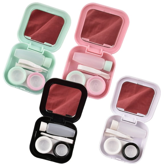 Walbest Contact Lenses Case Travel Clear Printing Eye Contact Lenses Container Kit (Care Solution Bottle, Flat Mouth Stick, Tweezers, Shell)