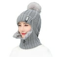 thumbnail image 1 of harmtty Wool Knitted Hat Thick Fur Ball Decoration Keep Face Warmer Scarf Collar Fashion Solid Color Zipper One-piece Beanies for Daily Wear,Grey, 1 of 8