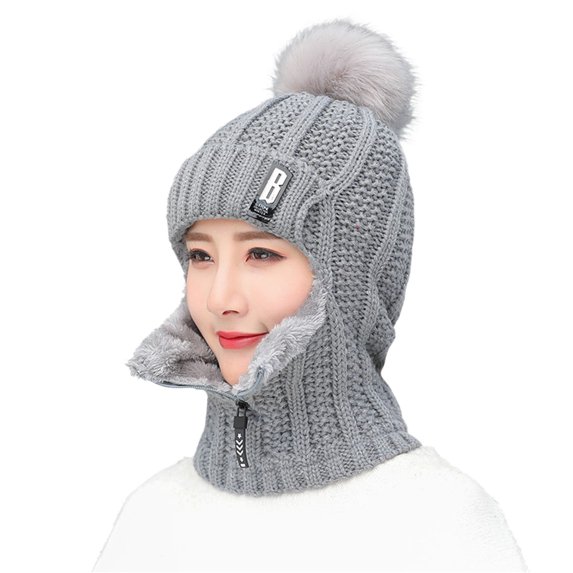 harmtty Wool Knitted Hat Thick Fur Ball Decoration Keep Face Warmer Scarf Collar Fashion Solid Color Zipper One-piece Beanies for Daily Wear,Grey