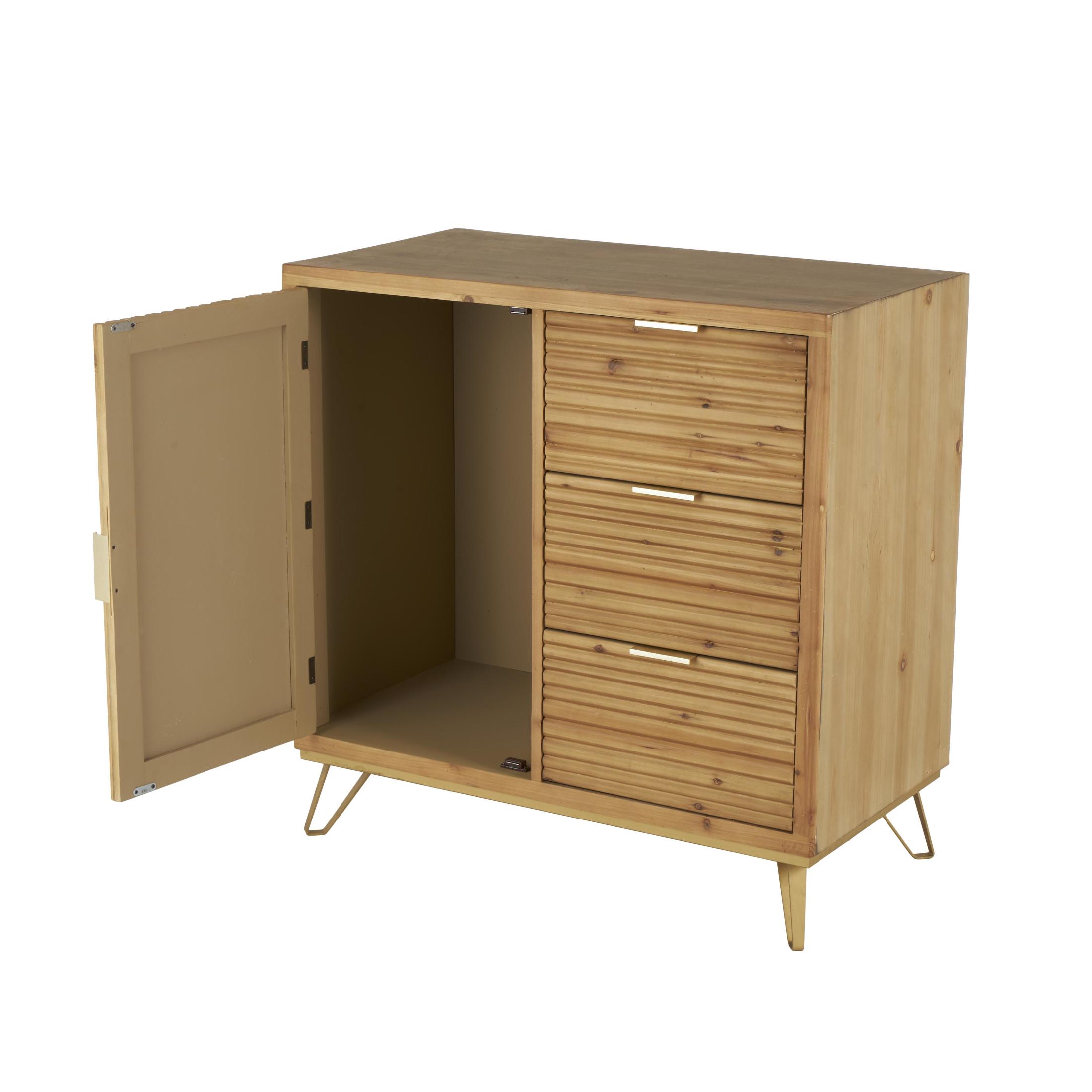 DecMode 36" x 36" Brown Wooden Ribbed 1 Door and 3 Drawer Cabinet with Gold Metal Handles, 1-Piece