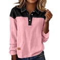 thumbnail image 2 of Homenesgenics Womens Tops Plus Size Spring Cotton-Linen Long Sleeve Collared Button-Up Color-Block Pullover Relaxed Fit Top/Shirt Pink S, 2 of 7