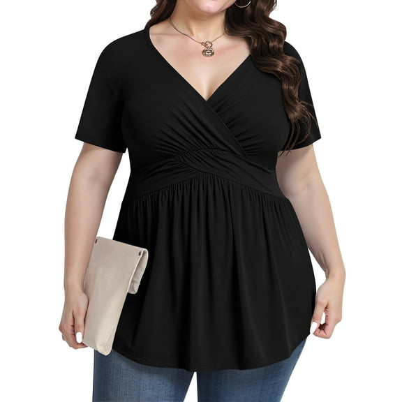 UVPLove Women's Plus Size V Neck Casual Knit T-shirts Short Sleeve Blouse & Top,Black,2XL