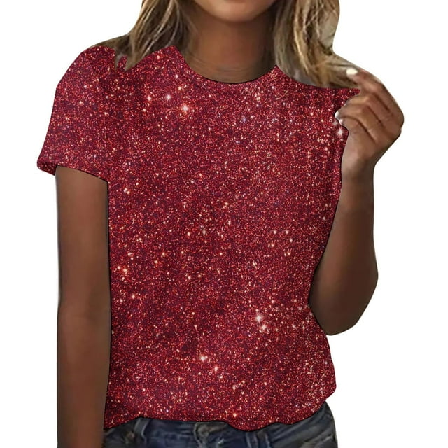 Timegard Sequin Tops for Women Short Sleeve Round Neck T Shirts Causal Fashion Solid Color Blouses