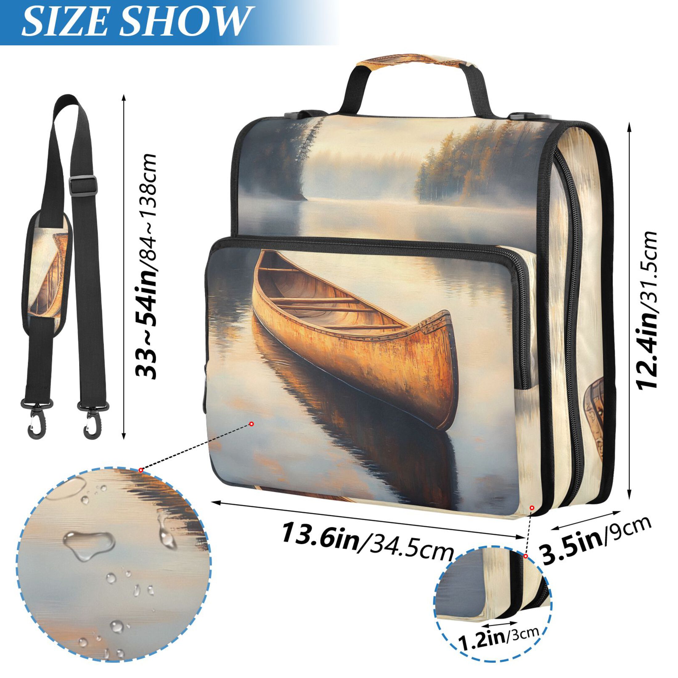 3 Ring Zipper Binder with Shoulder Strap Waterproof Trapper Keeper 2 Inch D-Ring 500 Sheets Capacity Canoe on Calm Lake